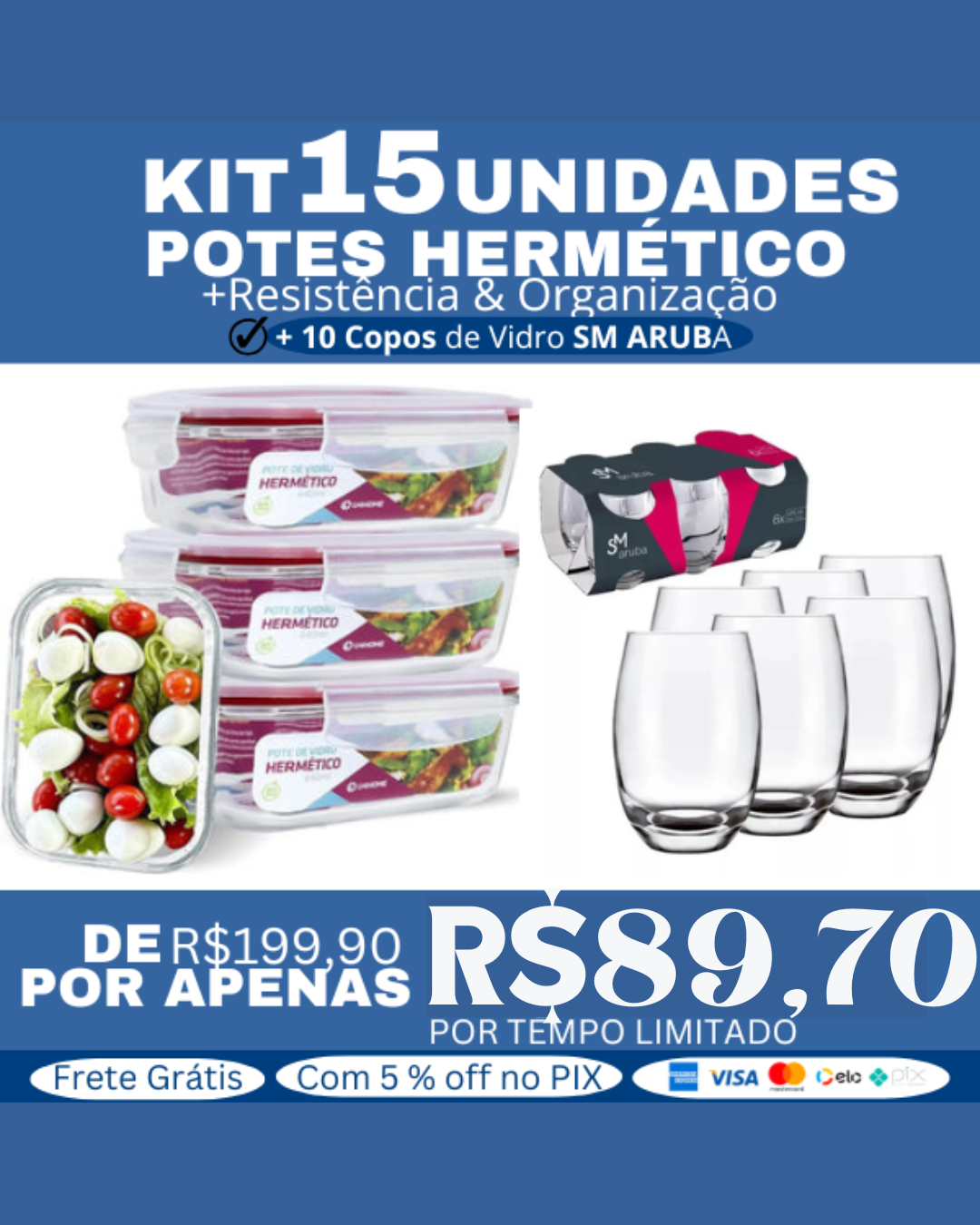 Kit com 15 Potes Herméticos de Vidro 640ML + 10 Copos Aruba - Image 1