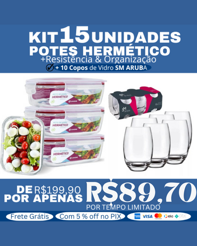 Imagem 1 de 3 de Kit com 15 Potes Herméticos de Vidro 640ML + 10 Copos Aruba